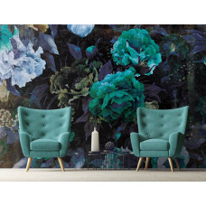 Eine grüne Kunst-Fototapete mit einer Pfingstrose im Malstil für das Schlafzimmer und das Wohnzimmer.