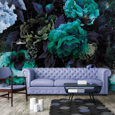 Eine grüne Kunst-Fototapete mit einer Pfingstrose im Malstil für das Wohnzimmer.