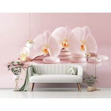 Eine Spa-Fototapete mit Wellness-Thema, Orchideen und Steinen, zu sehen im Wohnzimmer.