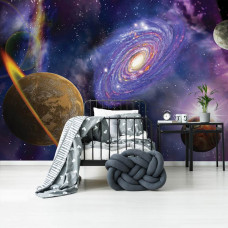 Eine Fototapete mit Universum und Planeten für ein Weltraumthema im Babyzimmer.