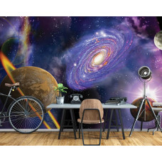 Eine Fototapete mit Universum und Planeten für ein Weltraumthema im Büro.