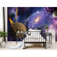 Eine Fototapete mit Universum und Planeten für ein Weltraumthema im Kinderzimmer.