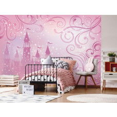 Eine Fototapete mit einem Märchenschloss mit Sternen und Prinzessinnen für das Mädchenzimmer.