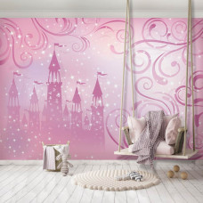 Eine Fototapete mit einem Märchenschloss mit Sternen und Prinzessinnen für das Spielzimmer.