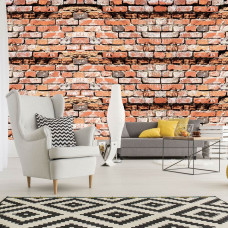 Eine industrielle Fototapete von einer roten Ziegelwand im Wohnzimmer gesehen.