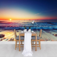 Eine Fototapete mit Strand bei Sonnenuntergang am Meer für die Küche.