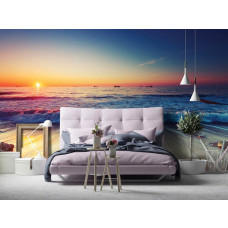 Eine Fototapete mit Strand bei Sonnenuntergang am Meer für das Schlafzimmer.