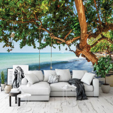 Fototapete Strand mit einer Baumschaukel am Meer für das Wohnzimmer.