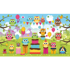 Fototapete mit Eulen für Babyzimmer, fröhlich und verspielt.