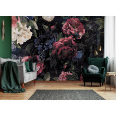 Eine Vintage-Fototapete mit Blumen im Malstil, gesehen im Wohnzimmer.