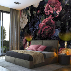 Eine Vintage-Fototapete mit Blumen im Malstil, gesehen im Schlafzimmer.