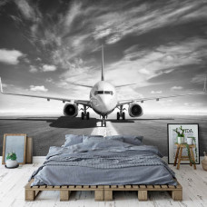 Eine Schwarz-Weiß-Fototapete eines Flugzeugs für das Wohn- und Schlafzimmer.