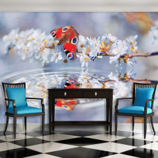 Eine Fototapete mit einem Schmetterling, der sich im Wasser spiegelt, umgeben von Blumen, die eine magische und natürliche Atmosphäre schaffen.