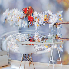Eine Fototapete mit einem Schmetterling, der sich im Wasser spiegelt, umgeben von Blumen, die eine magische und natürliche Atmosphäre schaffen. Ideal für ein Arbeitszimmer, um eine ruhige und inspirierende Atmosphäre zu schaffen.