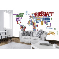 Eine Weltkarten-Tapete mit Erdtext und Ländern für das Wohnzimmer.