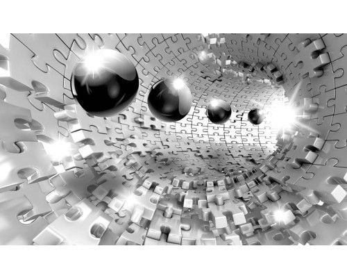 3D-Tapete mit Metallkugeln und Puzzlestücken in Silber, modernes geometrisches Design.
