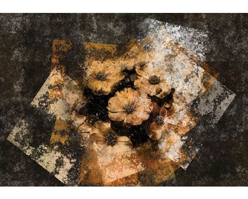 3D-Fototapete mit goldenen Blumen auf einem Betonhintergrund, elegante Dekoration mit einem industriellen Touch.