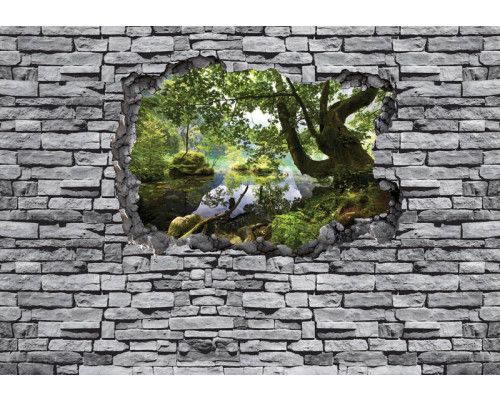 3D-Fototapete eines Waldlochs in einer Ziegelwand, mit Tiefenwirkung.