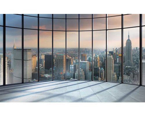 3D-Fototapete der New Yorker Skyline, mit Stadtansichten und Fenstern.