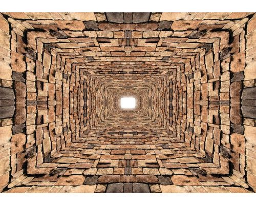 3D Fototapete eines Steintunnels mit Ziegeln und einem Korridor mit Tiefenwirkung.
