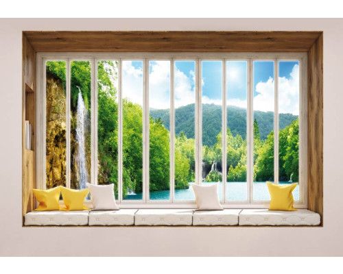 3D-Perspektive eines Wasserfalls und Dschungels durch ein Fenster auf einer beeindruckenden Fototapete.