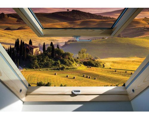 3D-Fototapete, die einen Blick auf eine weite Landschaft durch ein Dachfenster zeigt.