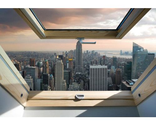 3D-Fototapete mit einer Fensteransicht der New Yorker Skyline.