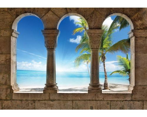 3D-Fototapete mit Blick auf einen Strand mit Palmen, weichem Sand und einem endlosen Meer, die jedem Raum Tiefe und Realismus verleiht.