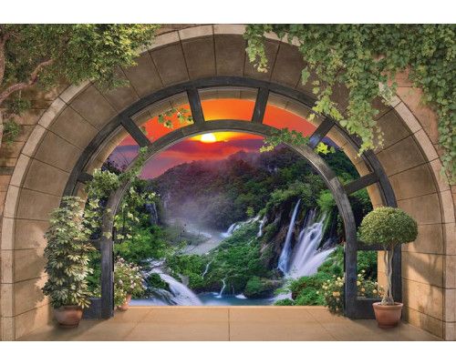 Fototapete mit einer 3D-Ansicht von Wasserfällen in einer üppigen Landschaft.