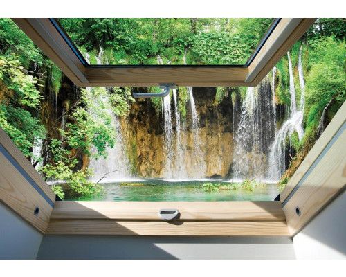 3D-Fototapete mit Blick auf große Wasserfälle, Wasser fließt nach unten.