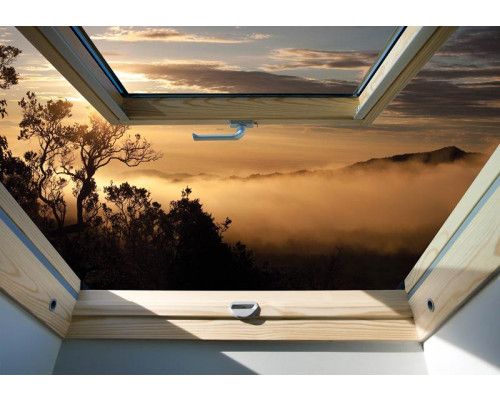 3D-Fototapete mit Blick auf einen nebligen Wald durch ein Fenster, mit Blick auf die Natur.
