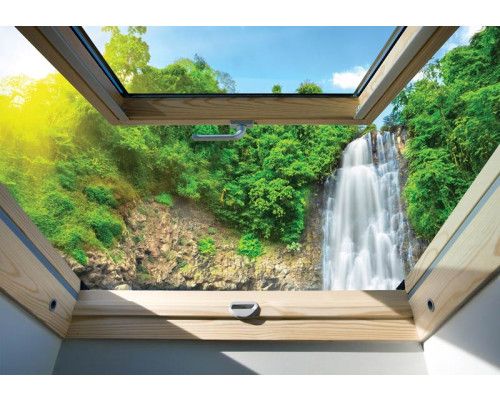 3D-Fototapete mit Blick auf einen Wasserfall in einem Dschungel, umgeben von tropischen Pflanzen.