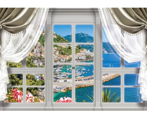 Fototapete einer Stadt mit Blick auf das Meer und die Berge durch ein Fenster in 3D-Perspektive.