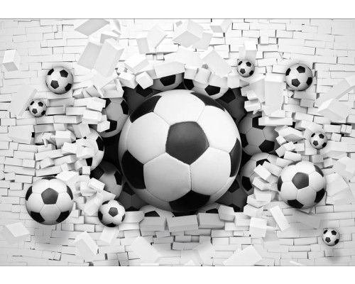 3D-Fototapete von Fußbällen, die durch eine Backsteinmauer schmettern, speziell für Kinder.