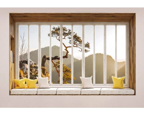 Fototapete, die einen Blick durch ein Fenster auf eine Berglandschaft in 3D-Perspektive zeigt.