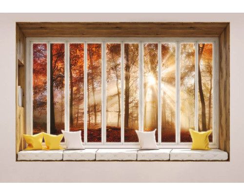 3D-Perspektive Fototapete mit Blick durch ein Fenster auf eine Waldlandschaft.