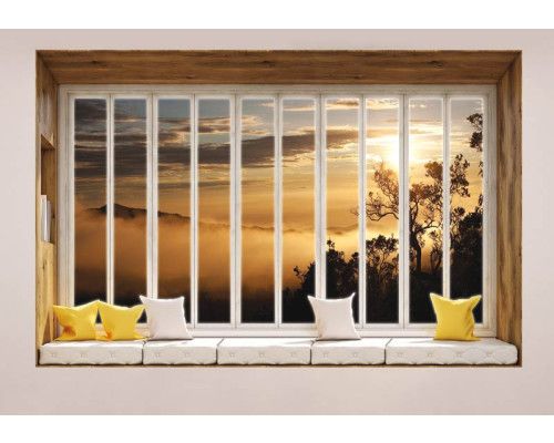 3D-Perspektive Fototapete mit Blick durch ein Fenster auf einen nebligen Wald mit Bäumen.