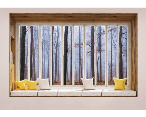 Blick auf einen herbstlichen Wald durch ein Fenster mit 3D-Perspektive auf Fototapete.