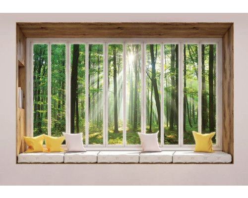 3D-Perspektive Fototapete mit Blick auf einen sonnigen Wald, sichtbar durch ein Fenster.