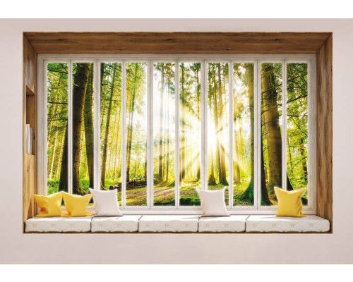 3D-Perspektive Fototapete eines sonnigen Waldes, gerendert von einem Fenster aus.