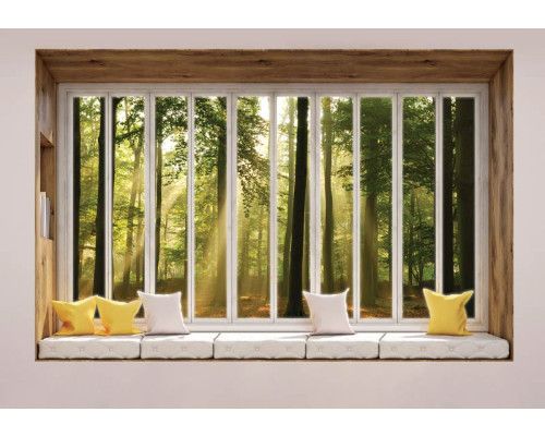 Blick auf einen sonnigen Wald durch ein Fenster in 3D-Perspektive auf Fototapete.