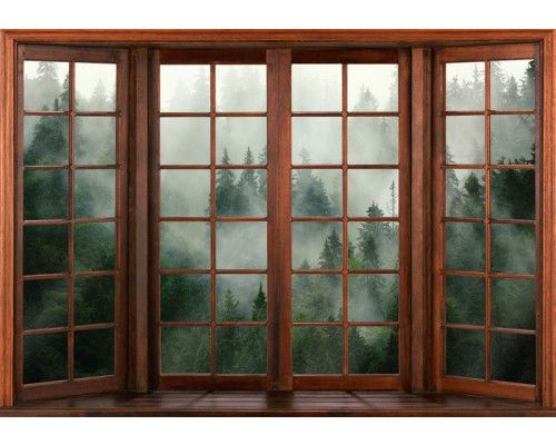 Fototapete einer 3D-Fensteransicht eines nebligen Waldes, mit einem geheimnisvollen Blick.