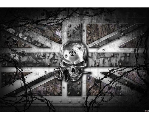 Alchemie-Fototapete mit englischer Flagge und Totenkopf, mutig und mystisch.