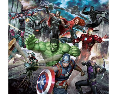Avengers Marvel Fototapete mit den Helden aus den Marvel-Filmen, perfekt für ein cooles Kinderzimmer.