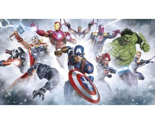 Marvel Avengers Tapete mit Captain America, Iron Man, Thor, Hulk, Black Panther, Black Widow und weiteren Superhelden bereit für den Kampf.