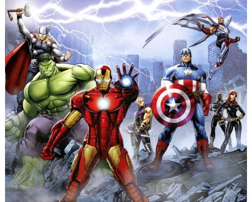 Marvel Avengers Tapete mit Iron Man, Hulk, Thor, Captain America, Black Widow, Hawkeye, Falcon und Nick Fury vor einer actionreichen Kulisse.