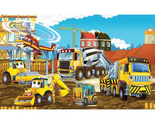 Kindertapete mit Baggern und Baustellenkränen, ideal für ein cooles Kinderzimmer.