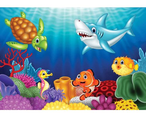 Unterwasserwelt Fototapete mit Meerestieren in einem Aquarium für Kinder.