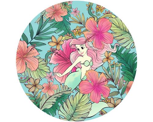 Tapetenkreis von Ariel mit Blumen aus Die kleine Meerjungfrau, mit einem lebhaften Ozean und bunten Blumen.