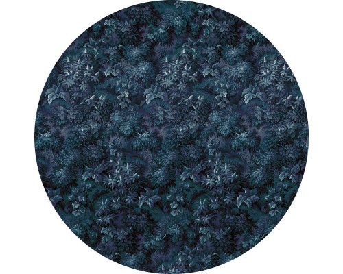 Blautöne in einem natürlichen Pflanzenthema auf einem Wandkreis.